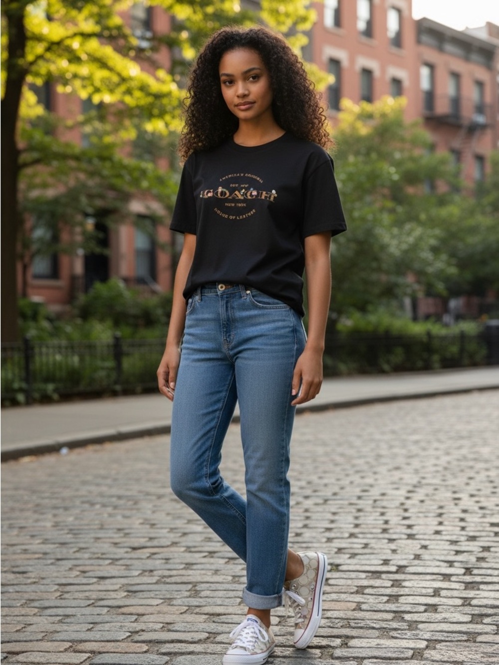 NWT Coach "America's Original" Floral Embroidered Logo Tee - Black